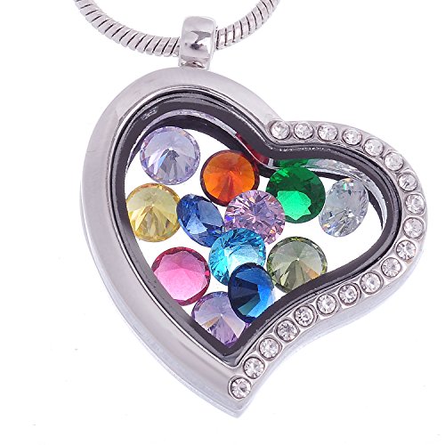 RUBYCA Living Memory Heart Locket Necklace 12 Round Crystal Birthstones Floating Charms Silver Tone