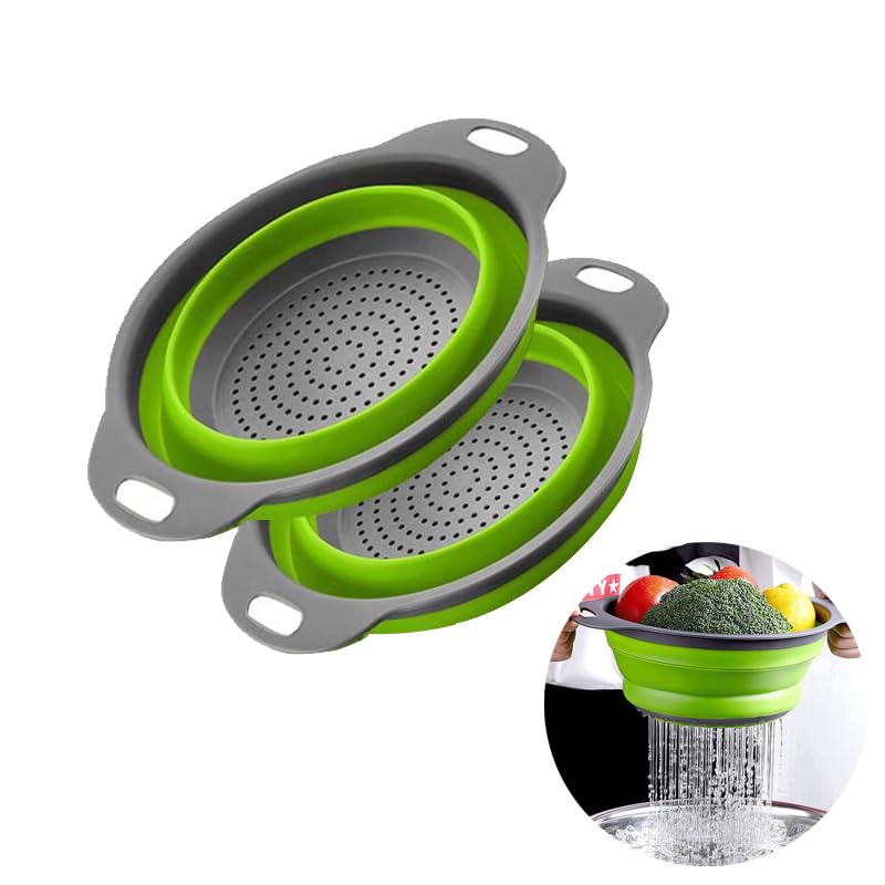 Photo 1 of 2pcs Collapsible Colander, Round Green Set Folding Silicone strainers for Kitchen, Collapsible Funnel Suitable for Draining Pasta, Vegetables and Fruits, Small