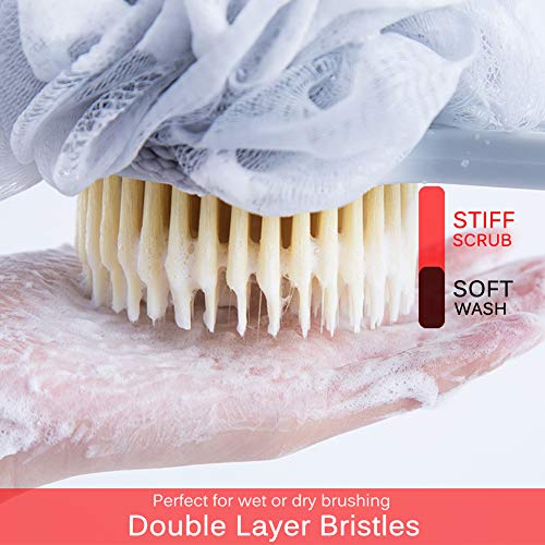 Body Bath Shower Brush Loofah Sponge, with Double Layer Soft & Stiff Bristles,Long Handle Loofahs Back Scrubber Mesh for Skin Exfoliating Massage Suitable for Wet or Dry, Men and Women (Gray Blue)