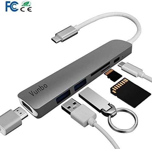 USB C Hub Adapter by Vunbo,Aluminum 6-in-1 USB Docking Station ,Type C Hub Adapterwith 4K HDMI Output,SD/TF Card Reader and 2 USB 3.0 Ports for Macbook Pro2016/2017 Surface Book 2 and More (Gray)
