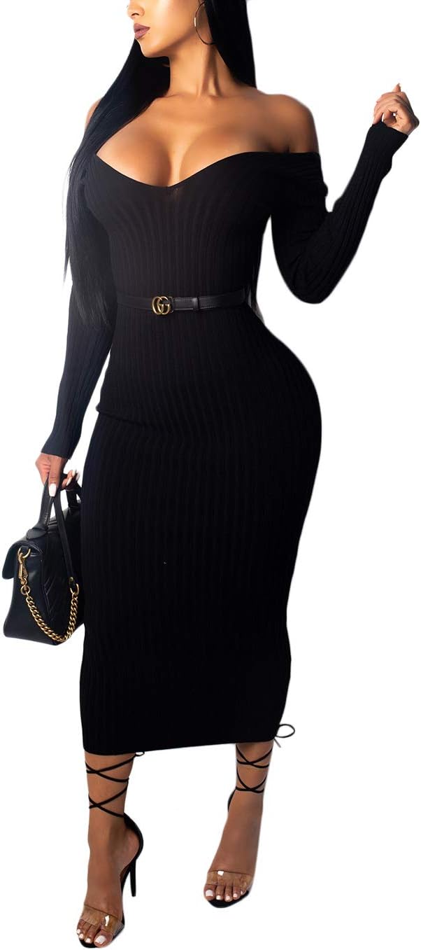 Cosygal Women's Casual Sexy Solid Off Shoulder Slim Maxi Long Knit Sweater Dress
