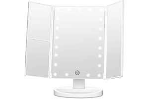 FASCINATE Trifold Vanity Mirror with Lights, Lighted Makeup Mirror 2X/3X Magnification, 21 LED Touch Dimming, Dual Power 180° Rotation Lit Beauty Table Mirror, Make up Mirror with Lighting
