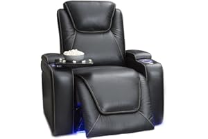 Seatcraft Equinox Home Theater Chair with Power Recline, Lumbar Support, Hidden Storage, LED Cup Holders, USB Port, and Premium Leather – Adjustable Single Recliner for Movie Nights, Black