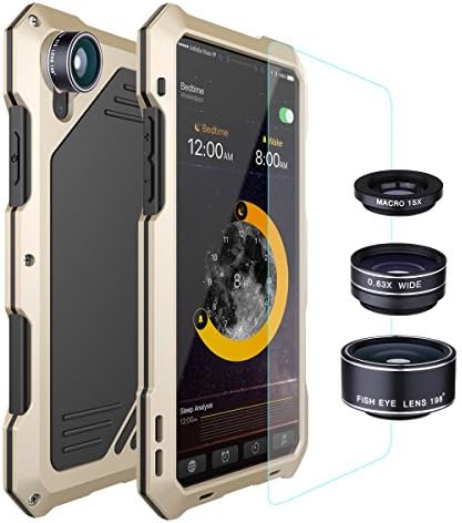 iPhone X Lens Kit Case, SHEROX - 3 in 1 198° Fisheye Lens + 15X Macro Lens + Wide Angle Lens with IP54 Dustproof Shockproof Aluminum Case with Screen Protector for iPhone X iPhone 10 5.8", Gold