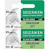 Seizaiken 377 SR626SW 1.55V 0% Hg Silver Oxide Watch Battery (2 Batteries) Made in Japan by Seiko