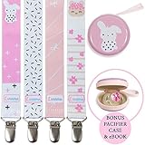 Liname Pacifier Clip for Girls with BONUS Pacifier Case & eBook - 4 Pack Gift Box - Premium Quality & Unique Design - Pacifier Clips Fit ALL Pacifiers & Soothers - Perfect Baby Gift