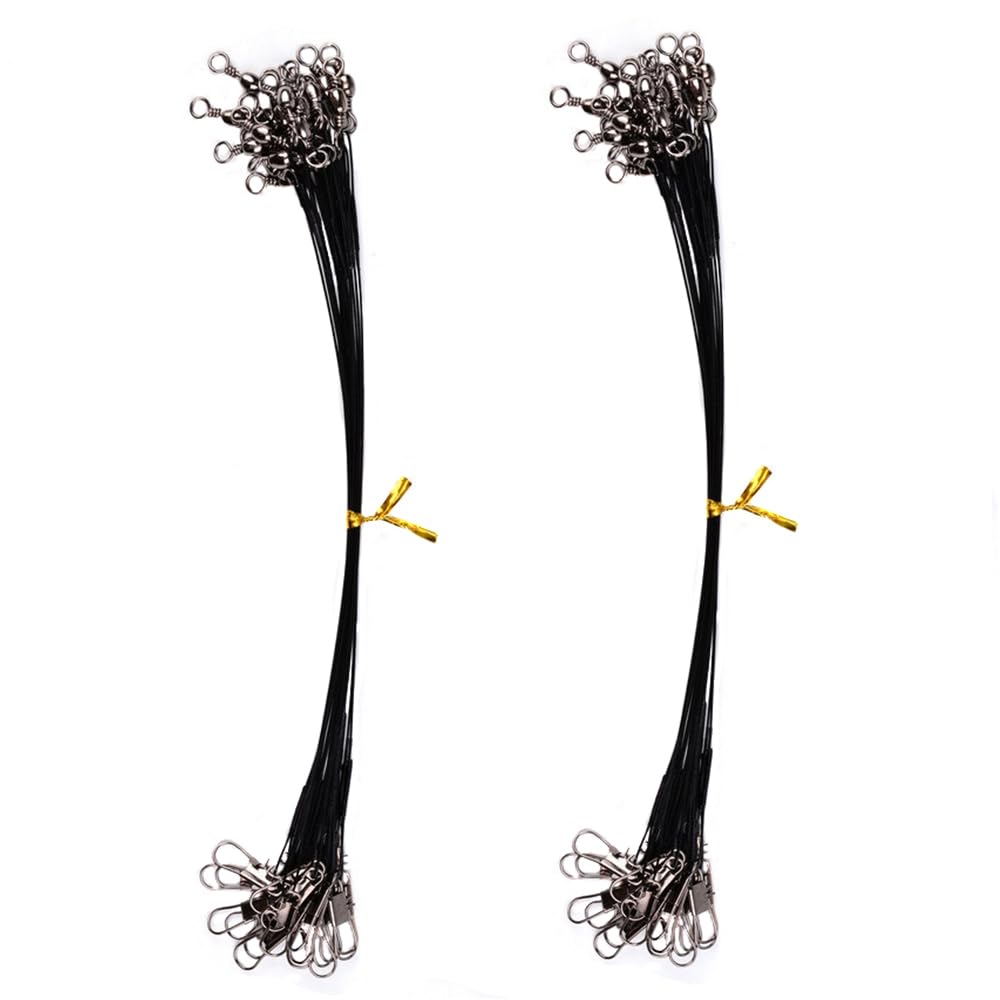 50 Pack Fishing Wire Leaders, 30 LB Steel Fishing Lure Wire Trace Leaders with Swivels and Snaps for Pike Hidden Main Line Prevent Fish Bite, 20cm (Black)