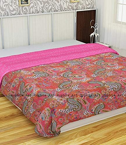 Sophia Art Indian Handmade Paisley Print King Size Kantha Quilt Cotton Kantha Blanket Bed Cover King Kantha Bedspread Bohemian Bedding Kantha Quilt (Pink)