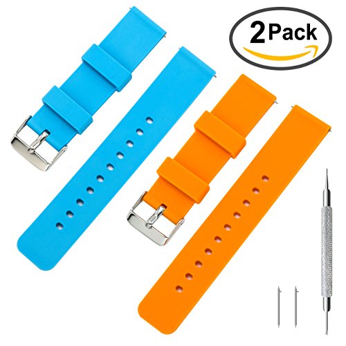 Rubber Watch Band Pack of 2 - 18mm 20mm 22mm Silicone Quick Release Watch Strap Stainless Steel Buckle (Sky+Pumpkin, 22mm)