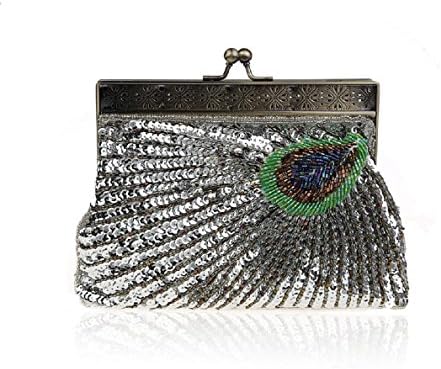 ADOO Vintage Clutch Teal Peacock Unusual Antique Beaded Sequin Evening Handbag Sunburst Navy and Turquoise Eye Catching Purse