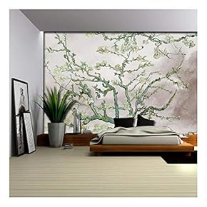 Green Almond Blossom Painting by Vincent Van Gogh on a Brown Watercolor Background - Wall Mural, Removable Sticker, Home Decor - 66x96 inches