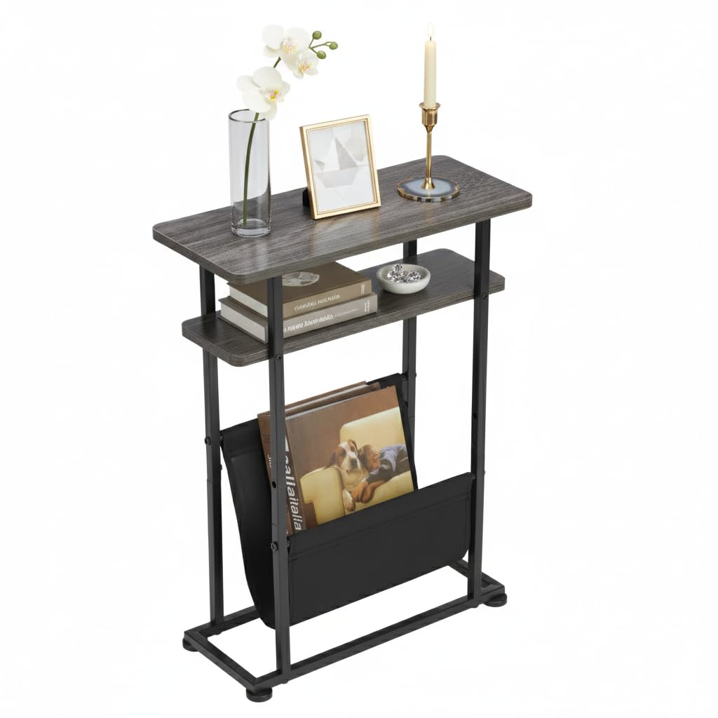 ZEXVIDA Slim End Table for Small Spaces - 2 in 1 Narrow End Table with Magazine Holder - Grey