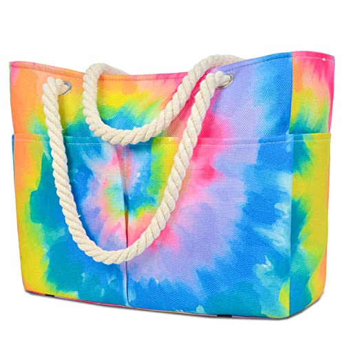Fiodrimy Tote Bags for Women, Large Waterproof Beach Tote Bag with Zipper Beach Bags Waterproof Sandproof Swim Pool Bag Large Tote (Tie Dye)