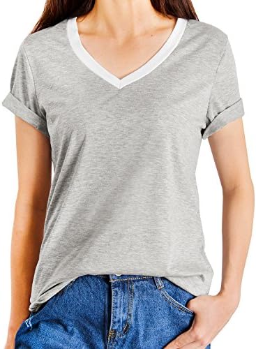 SXG Women's V Neck Tops Summer Short Sleeve Loose Casual V-Neck Tee T-shirt Light Grey
