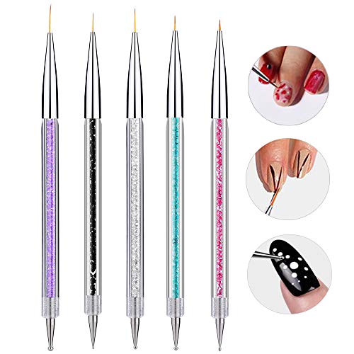 5Pcs Nail Art Liner Brushes, Mwoot Dual Tipped Painting Drawing Nail Design Brush Pen, Nail Art Brush Dotting Pen