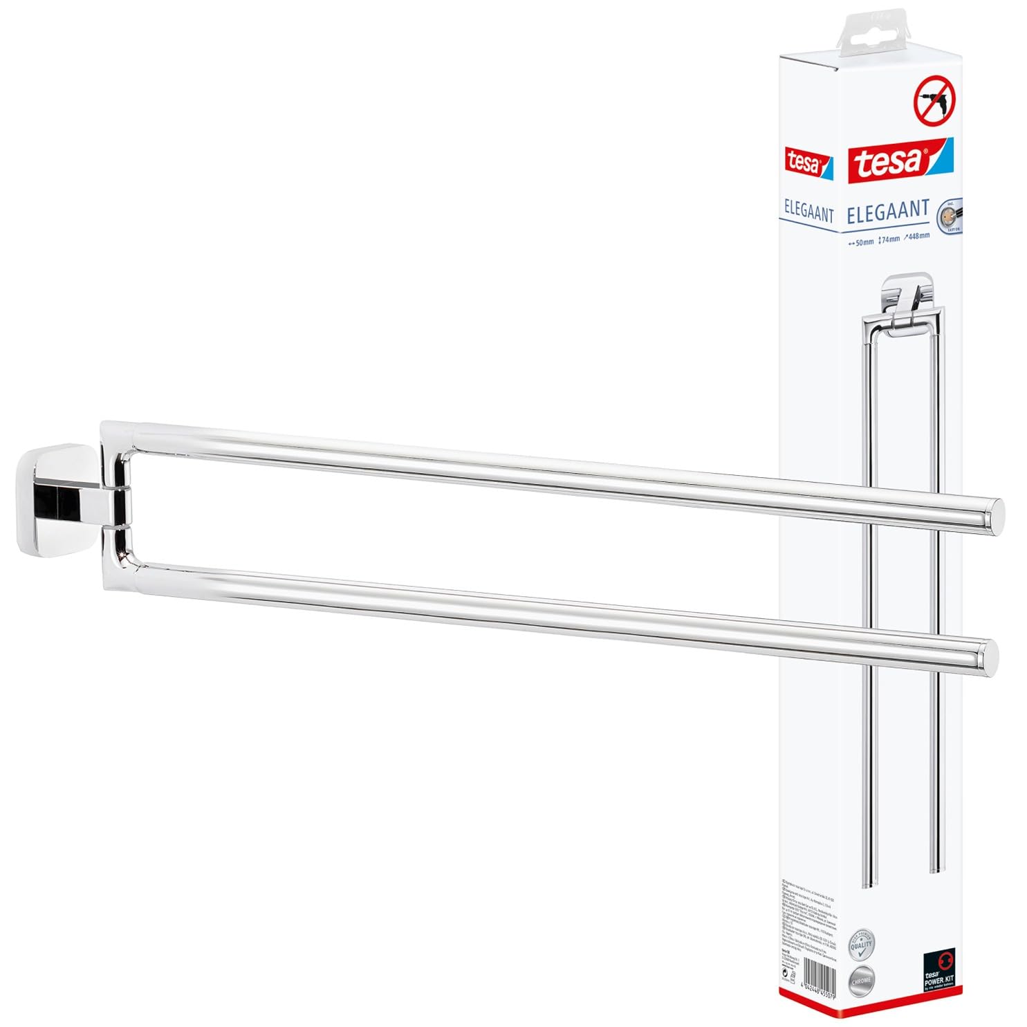 tesa ELEGAANT Double Towel Holder - Wall-Mounted, Stainless-Steel Towel Holder with Two Swivel Arms - waterproof, incl. Power.Kit Adhesive Solution - 50mm x 72mm x 450mm