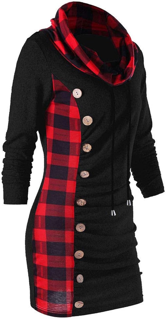 plaid drawstring cowl neck tunic sweatshirt dress