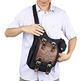Mens Boys Vintage Canvas Shoulder Military Messenger Bag Sling School Bags Chest Military Leather Patchwork Messenger Bag (Black)