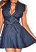 ZKESS Women's Sleeveless/Long Sleeve Low Neck Denim Belted Skater Dress Large Size Dark Blue