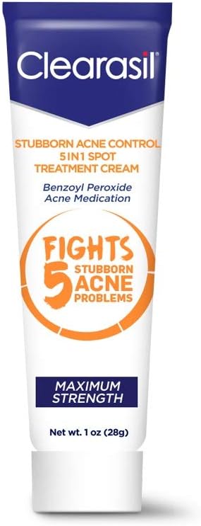 Clearasil Stubborn Acne Control 5in1 Spot Treatment Cream, Maximum Strength, Benzoyl Peroxide Acne Medication, Fights Blocked Pores, Pimple Size, Excess Oil, Acne Marks & Blackheads, 1 oz (Pack of 2)