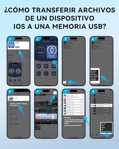 ROSPE MFi Pendrive 256GB for iPhone, External USB Flash Drive for iPhone, USB C Lightning Pendrive Compatible with Phone/iPad, Android and PC, USB 3.0 for Backup Photos, Videos and Mobile Data, Blue