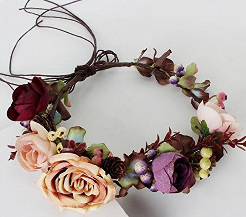 Vivivalue Flower Wreath Headband Crown Floral Garland with Ribbon Boho for Festival Wedding