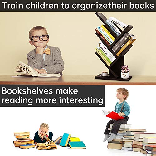 Tree Bookshelf, Bookcase 4 Tier Free Standing Wood Book Rack Display Organizer Shelves Space-Saving Use for CDs /Albums / Books in Living Room Office (Walnut)