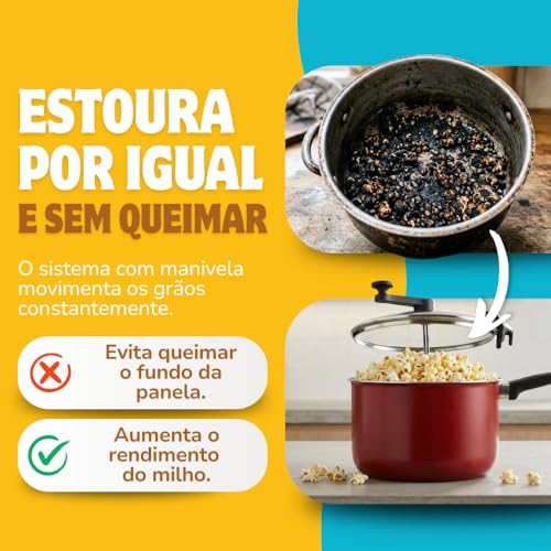 Pipoqueira Antiaderente 3,6 Litros Panela De Pipoca 20cm Alumínio Com Tampa de Vidro e Saída de Vapor para Fogão a Gás e Elétrico Modelo Grande