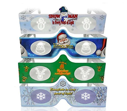 3D Christmas Glasses - 4 Pack Variety - Turn Holiday Lights Into Magical Images For A Christmas Experience. Our USA MADE Holographic Glasses Are Excellent For Entertaining Family, Friends & Colleagues