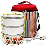 BOQUN 3 Layer Heat/Cold Insulated Lunch Box Portable Leakproof Round Stainless Steel Food Storage Containers Collapsible Handles Bento Box with A Insulated Bag and Spoon Fork Set, Green