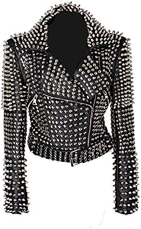 Punk Rock Star Studded Fitted Faux Leather Woman Jacket with Matching Belt S-4XL Black