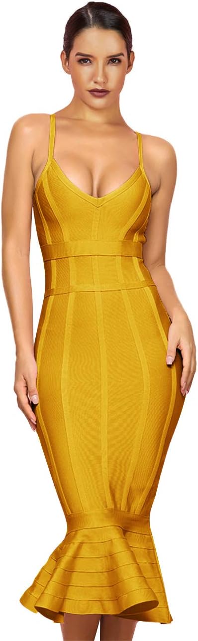 Maketina Women's Mermaid Spaghetti Strap V Neck Bodycon Midi Cocktail Bandage Dress