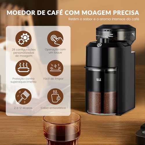 Moedor de Café Elétrico Burr 220V, Com 28 Configurações Ajustáveis, Triturador de Cafe, 2 A 12 Xícaras, Preto