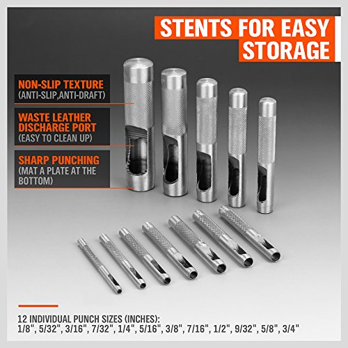 HORUSDY Heavy-Duty 12-Piece Hollow Punch Set with Holder for Punch Precise Holes in Leather or Plastic - Thumbnail 3