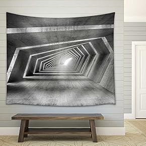 Abstract Illuminated Empty Bent Concrete Corridor Interior, 3D Render Illustration - Fabric Wall Tapestry Home Decor - 51x60 inches
