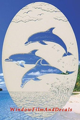Dolphins Jumping Oval Etched Window Decal Vinyl Glass Cling - 10.5" x 16" - White with Clear Design Elements