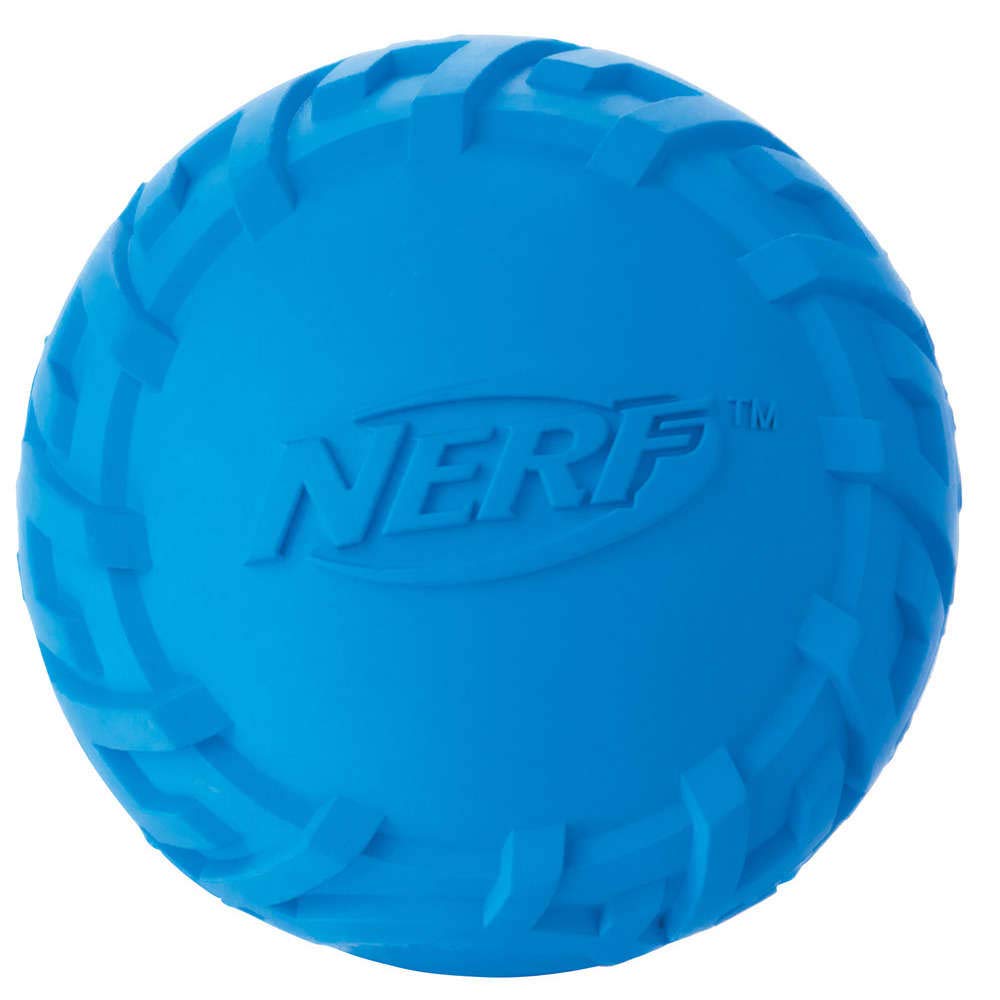 Nerf Dog Dog Toy Rubber Ball with Tyre Tread and Squeaky Sound, Assorted Colours Blue or Green, 6.2 cm