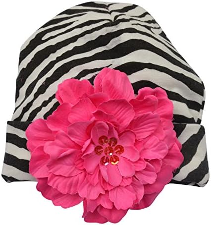 PLH Bows Cotton Hat with Zebra Print, Fuchsia Flower with Sequins for Infants