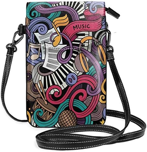 Women Small Cell Phone Purse Crossbody,Music Themed Hand Drawn Abstract Instruments Microphone Drums Keyboard Stradivarius