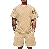 TAFLE Men's 2 Piece Set Summer Outfits Casual Geometric Texture Short Sleeve Shirt and Shorts Track Suits for Men Set