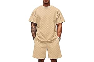 TAFLE Men's 2 Piece Set Summer Outfits Casual Geometric Texture Short Sleeve Shirt and Shorts Track Suits for Men Set