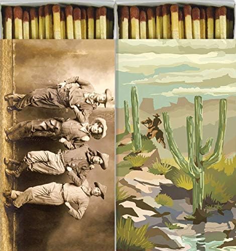 Decorative Match Boxes Old Western Cowboys with Long Kitchen Matches Great for Lighting Candles, Grills, Fireplaces and More | Set of 2 Large Match Boxes