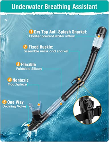 EMSINA Mask Fin Snorkel Set with Adult Snorkeling Gear, Panoramic View Diving Mask, Trek Fin, Dry Top Snorkel +Travel Bags, Snorkel for Lap Swimming