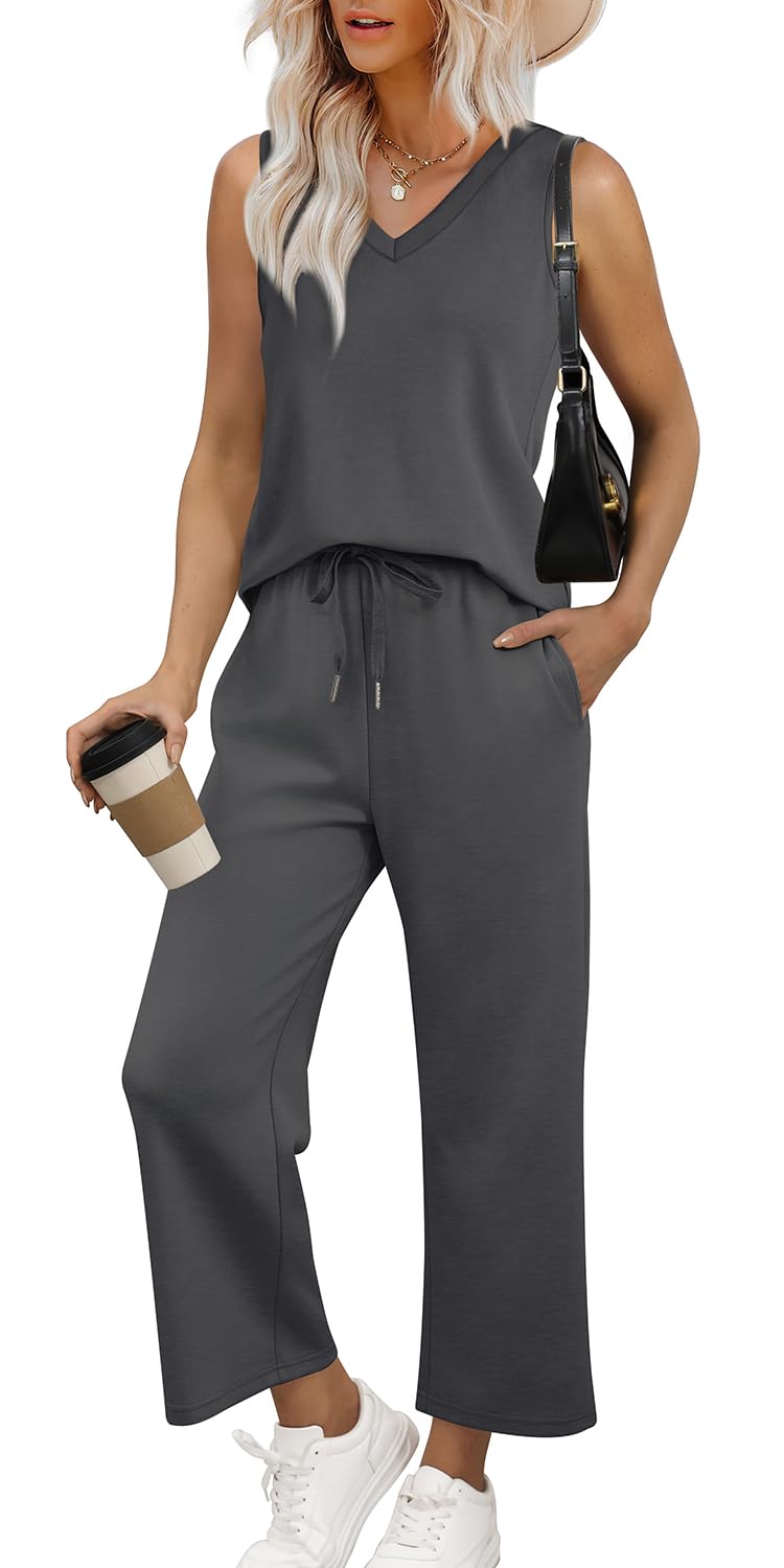 Photo 1 of ***Similar***
WIHOLL Two Piece Sets for Women V Neck Matching Sets Womens Clothing Wide Leg Pants Travel Outfits Beach Fashion Vacation Clothes Deep Grey L