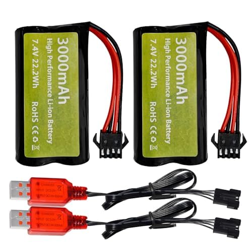 ZYGY 2PCS 7.4V 3000mah 15C 2S Li-ion Battery with SM-4P Plug with USB Charging Cord for EC08 DE85 RC Car Truck RC Boat RC Drone Engineering Vehicle Battery