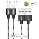 ZTeanok iPhone Cable,2Pack 10FT Extra Long Nylon Braided Cord Lightning Cable to USB Charging Charger for iPhone 7/7 Plus/6S/6S Plus,SE/5S/5,iPad,iPod Nano 7 (Black White,10FT)