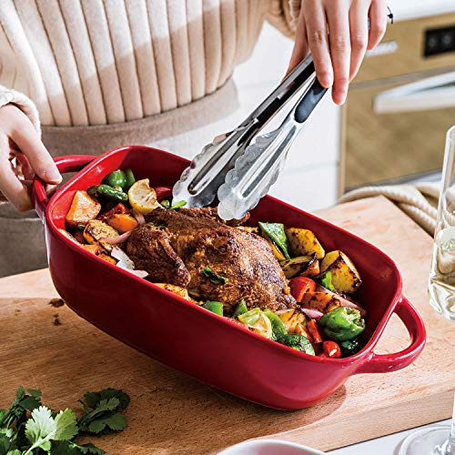 13.3-Inch Ceramic Glaze Baking Dish for Oven Roasting Lasagna Pan Large Casserole Bakeware with Handle Rectangular Dish, Red