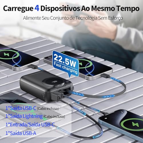 Power Bank Portátil 20000mAh com Display LED, Carregamento Rápido 22.5W PD 3.0 QC 3.0, USB-C Leve Compatível com iPhone 16/15/14/13/12/11, Samsung, Android – Preto