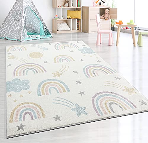 the carpet Beat Kids Moderner Weicher Kinderteppich, Weicher Flor, Pflegeleicht, Farbecht, Regenbogen Muster, Creme-Mix, 200 x 280 cm