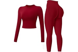 Workout Sets for Women 2 Piece Seamless Long Sleeve Top Hidden Scrunch Leggings Gym Outfits